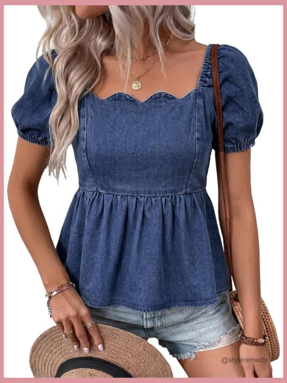 Square Neck Puff Sleeve Denim Top Blouse Button Down Shirt - Picture 1 of 7